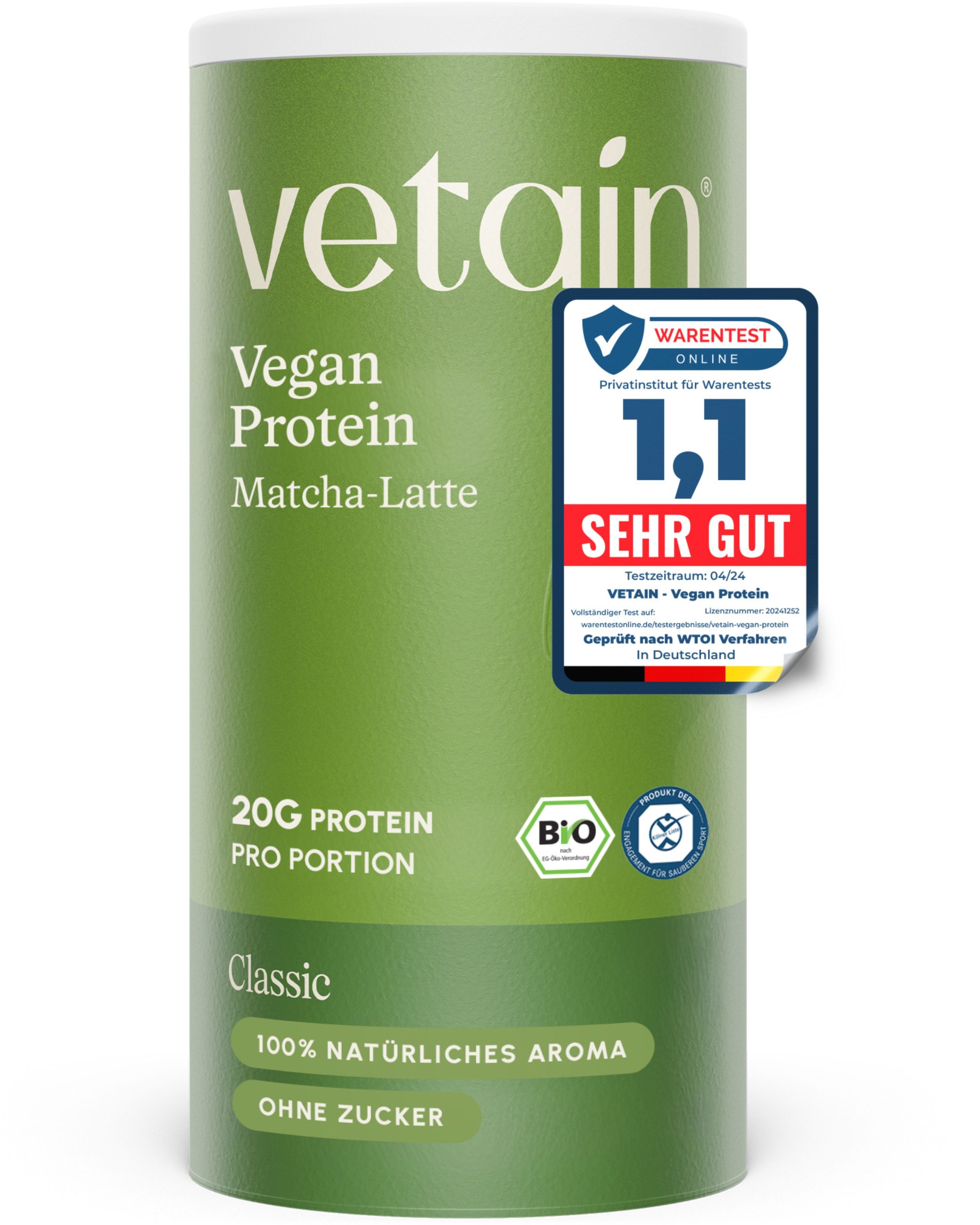 Grüne Dose VETAIN Vegan Protein Matcha Latte mit Siegeln für Bio und Testergebnis.