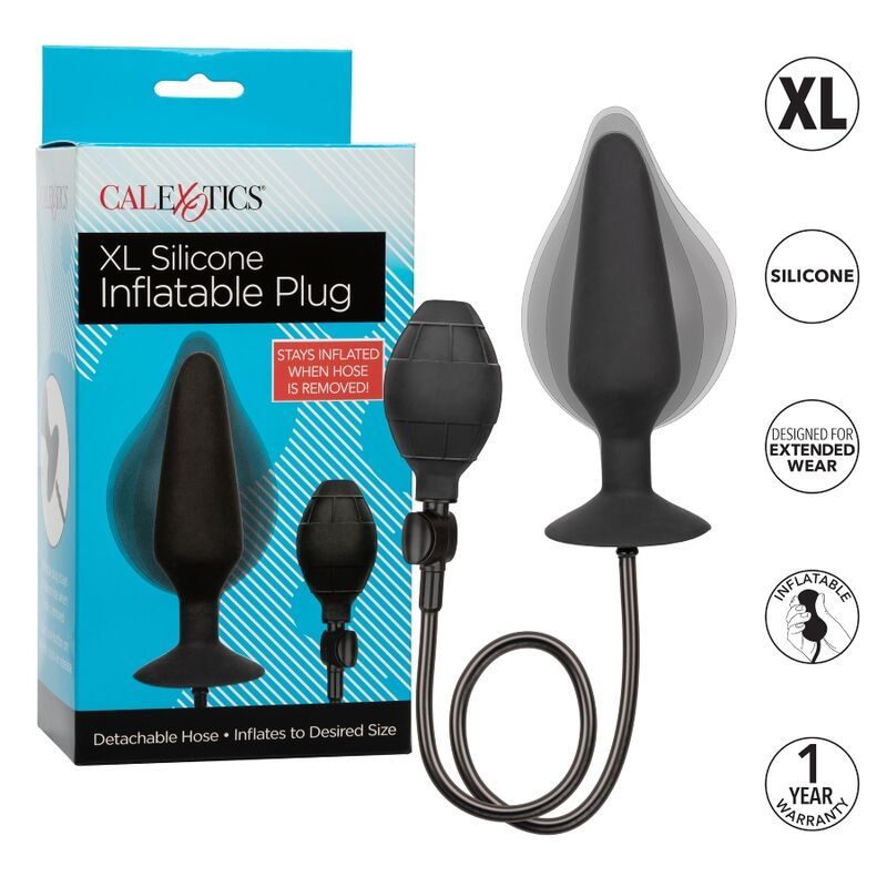 Verpackung für Calex XL Inflatable Plug. Enthält Plug, Pumpe und Text. Blaue und weiße Verpackung.