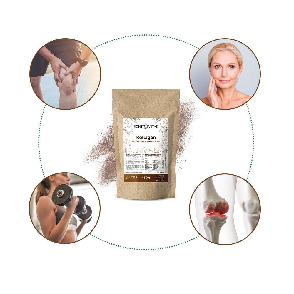 Beutel mit Kollagen-Pulver, umgeben von Bildern, die Gesundheit und Fitness zeigen.