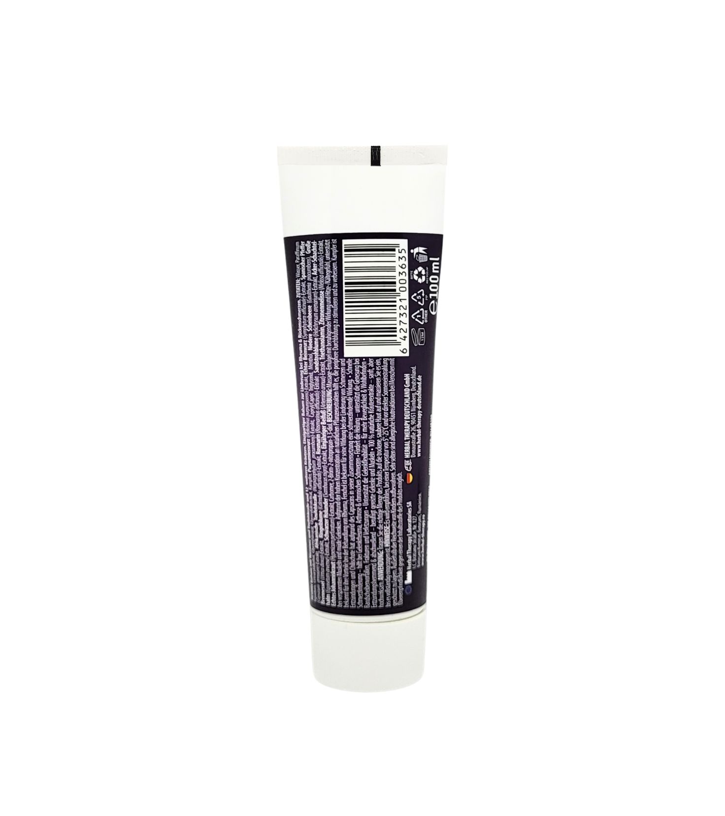 Rückseite einer Tube. Text und Barcode. Schwarze Schrift auf violettem Hintergrund. Weißer Deckel.