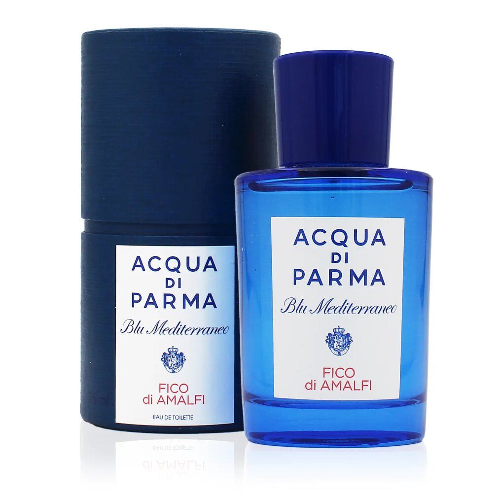 Blaue Flasche und Verpackung. Aufschrift: Acqua Di Parma, Blu Mediterraneo, Fico di Amalfi. Flasche mit blauem Verschluss.
