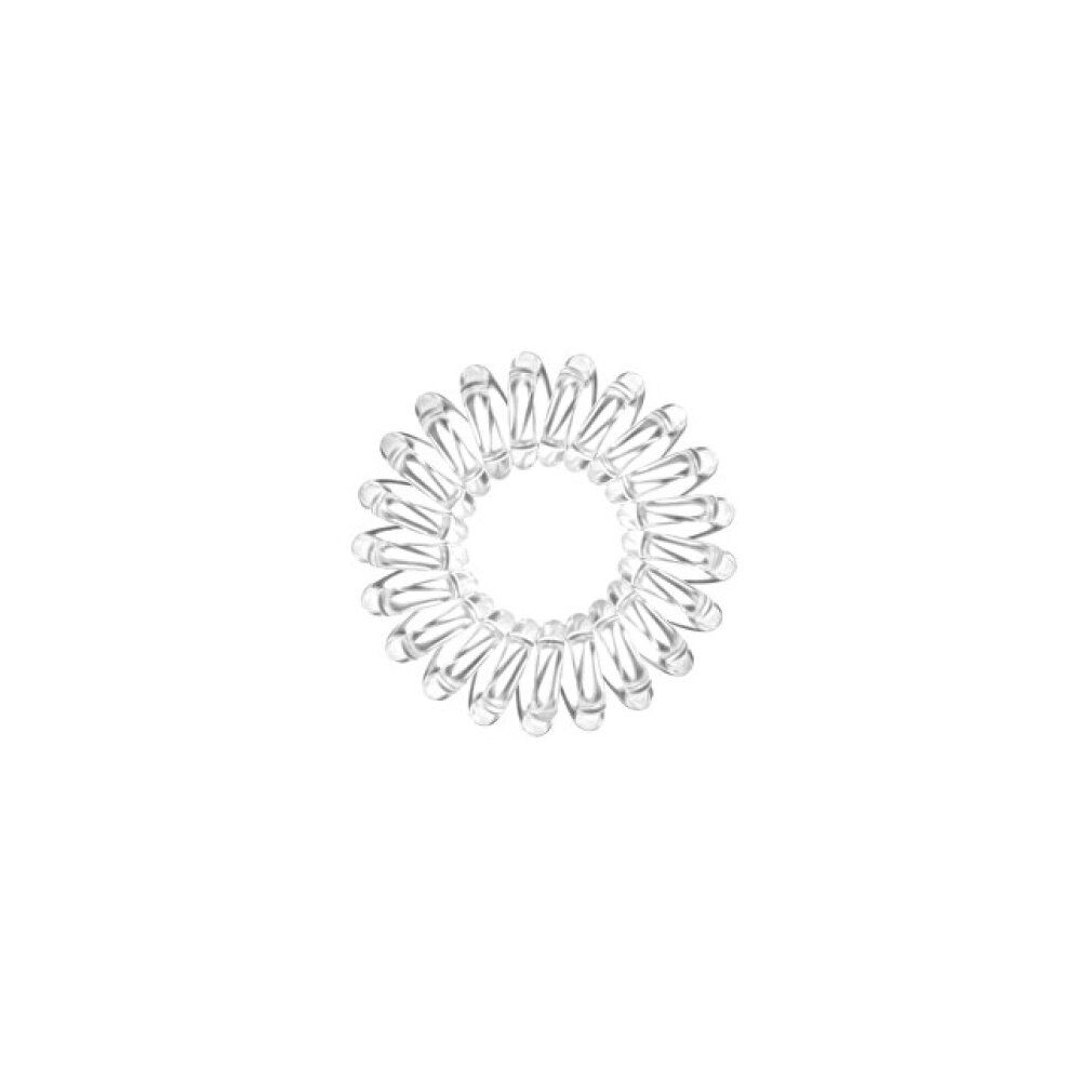Nahaufnahme von transparenten invisibobble® extra care Haargummis in Spiralform. Auf weißem Hintergrund.