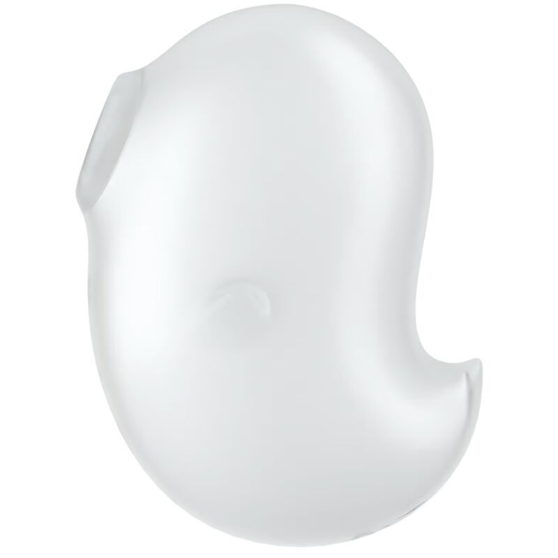 Weißer Auflegevibrator in Geisterform. Glatte Oberfläche, abgerundete Form mit Aussparung.