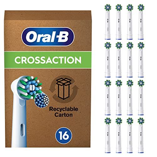 Zahnbürstenköpfe mit Verpackung. Marke Oral-B, CrossAction. 16 Stück. Recycelbarer Karton. Blaue, grüne und weiße Borsten.