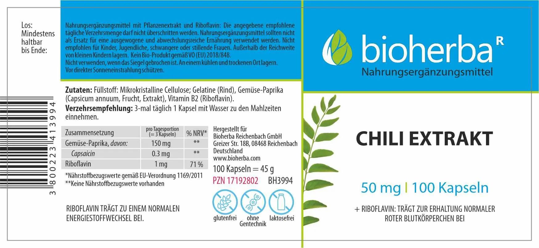 Etikett mit "Bioherba" und "Chili Extrakt". Enthält 100 Kapseln. Inhaltsstoffe und Nährwertangaben sind aufgeführt.