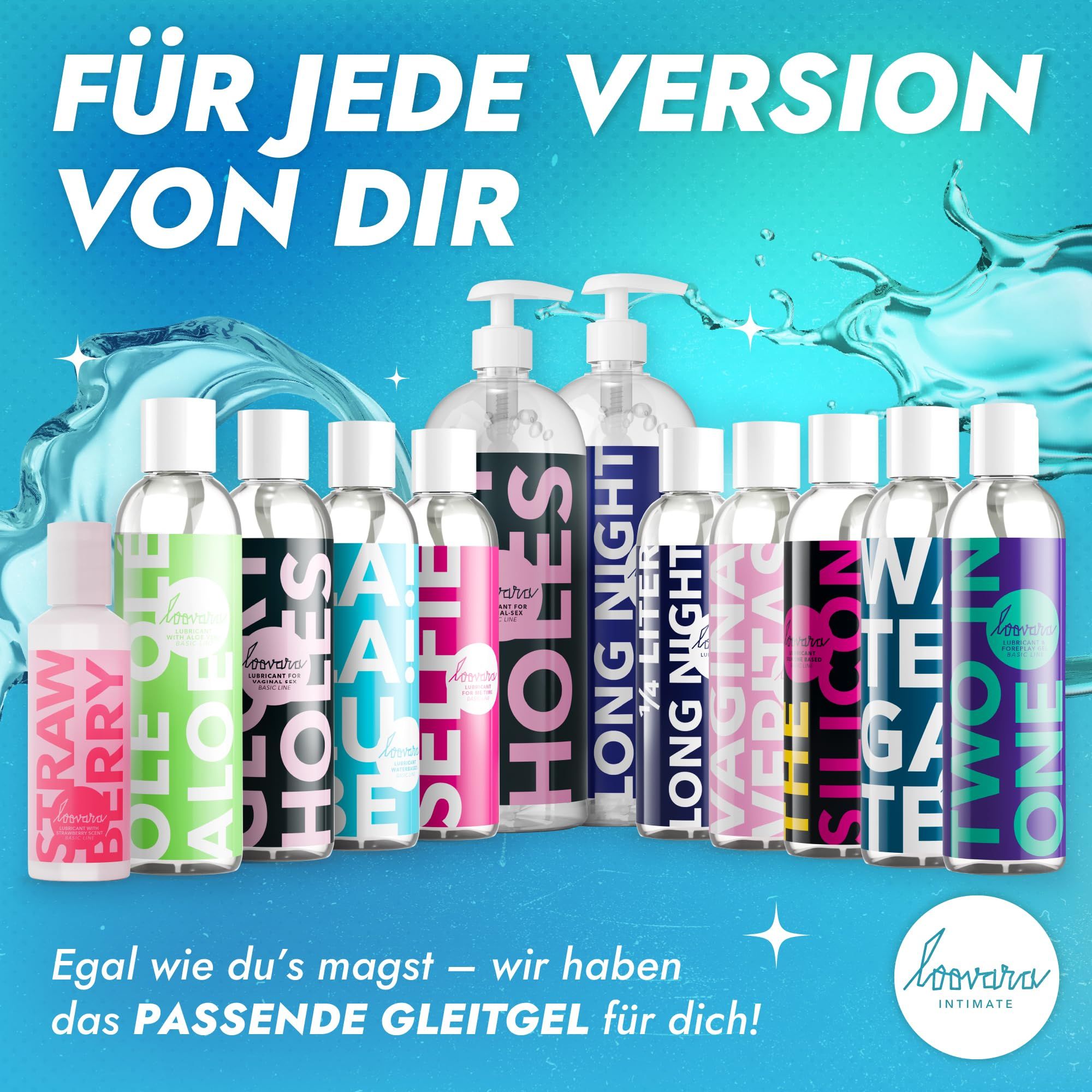 Mehrere Flaschen Gleitgel in verschiedenen Varianten, darunter 'Strawberry', 'Aloe Vera' und 'Silicon'.
