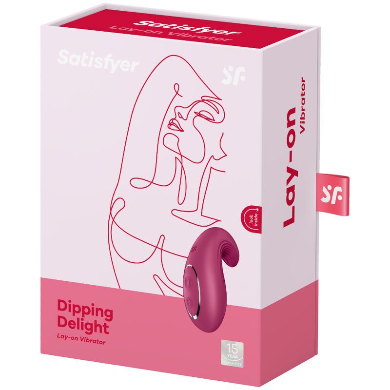 Verpackung des Satisfyer Dipping Delight Lay-on Vibrators in Rosa und Weiß.