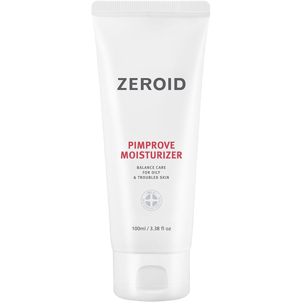 Weiße Tube mit ZEROID-Logo und Pimprove Moisturizer-Aufschrift. Text: Balance Care for Oily & Troubled Skin. 100ml/3.38 fl oz.