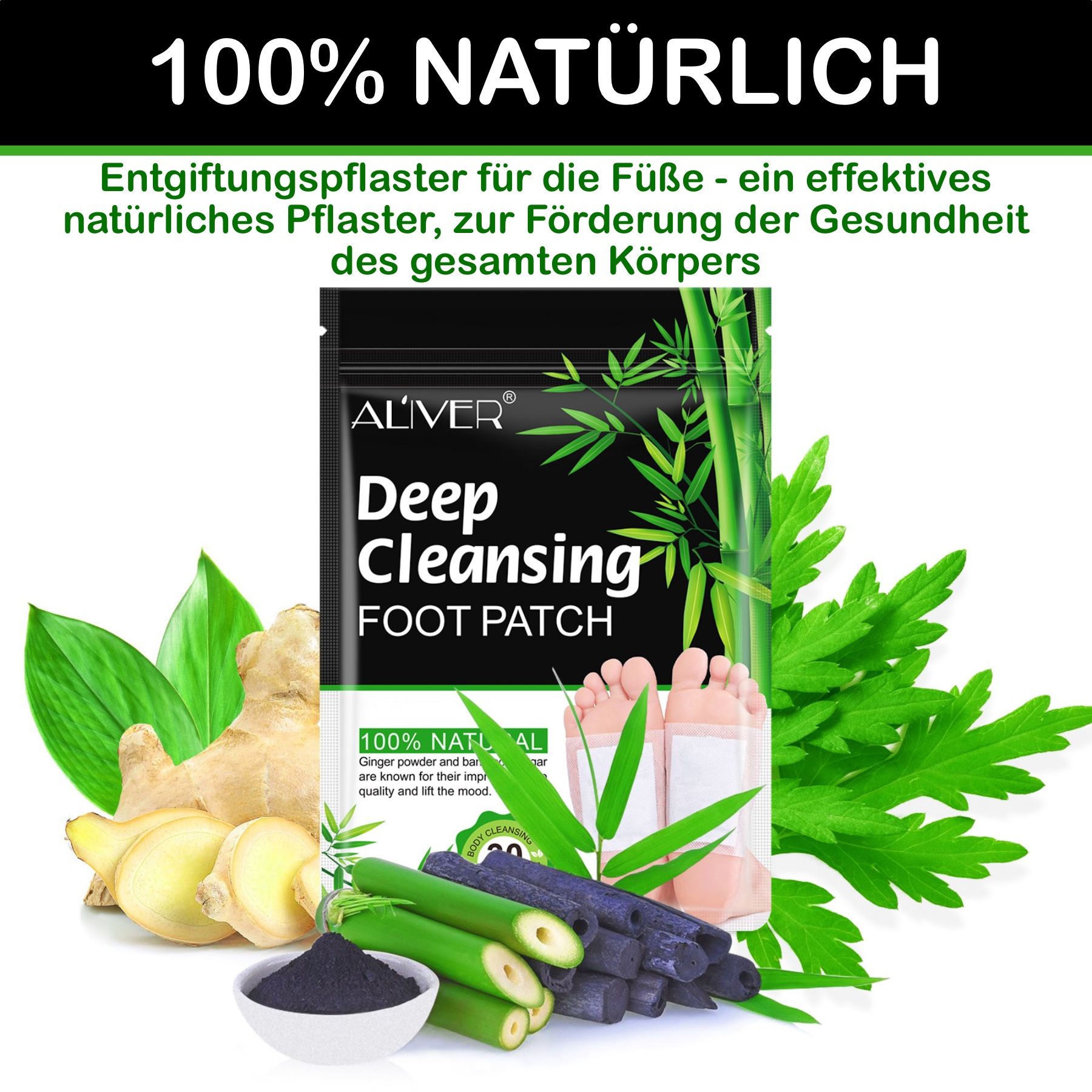 ALIVER Fußpflaster mit Inhaltsstoffen wie Ingwer und Bambusessig. Produktabbildung mit Zutaten und Text.
