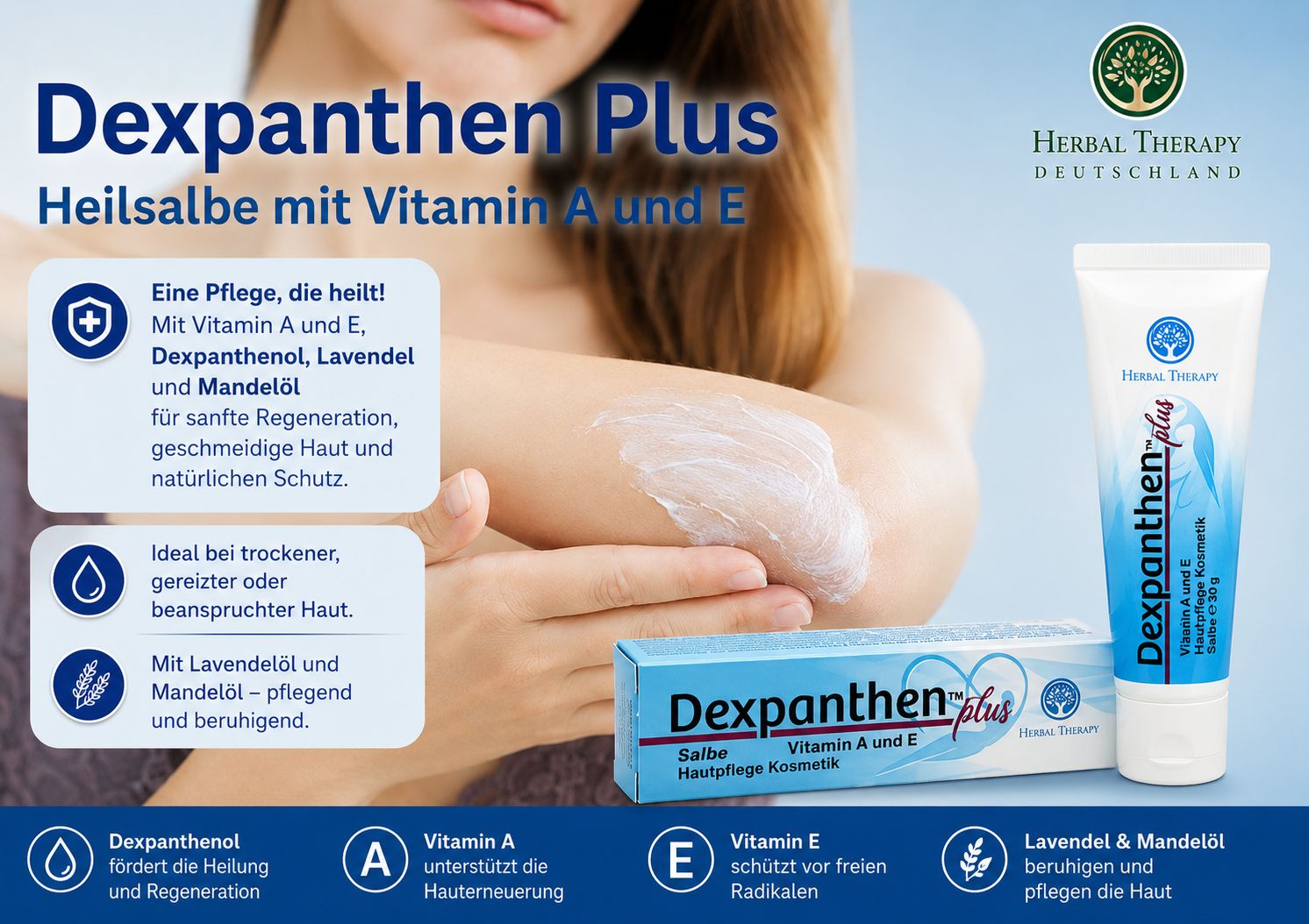 Dexpanthen Plus Salbe mit Vitamin A und E in einer Tube und Faltschachtel.