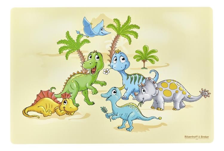 Illustration von sechs Cartoon-Dinosauriern und einem Flugsaurier in einer prähistorischen Landschaft mit Palmen.