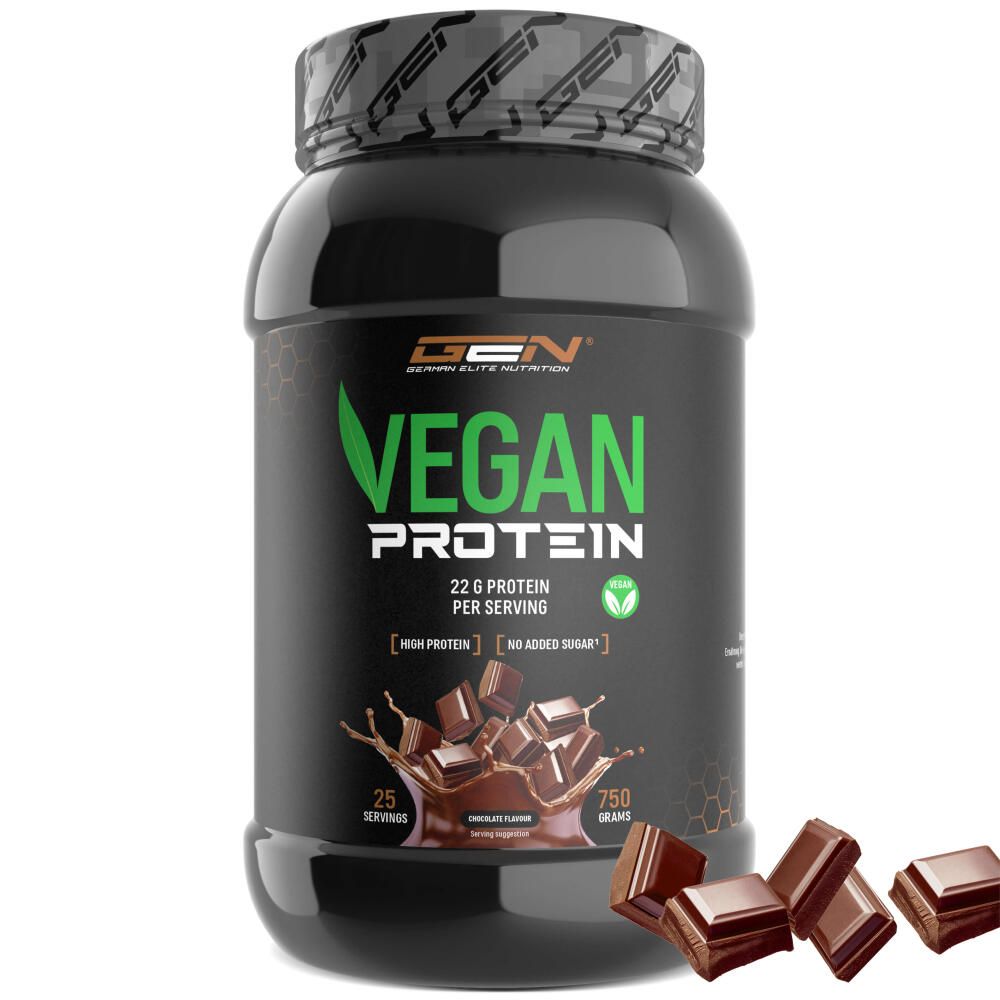 Schwarze Dose GEN Vegan Protein. Grünes Logo, Text: Vegan Protein, 22g Protein pro Portion, 750g, Schokoladen-Geschmack.