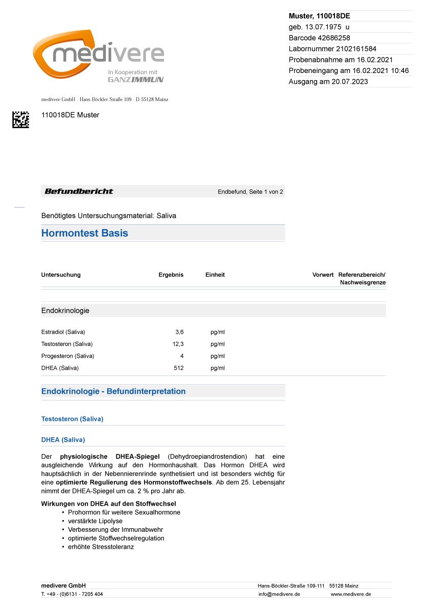 Ein Dokument mit Testergebnissen für den Hormontest Basis. Enthält Tabellen mit Ergebnissen und Referenzbereichen.