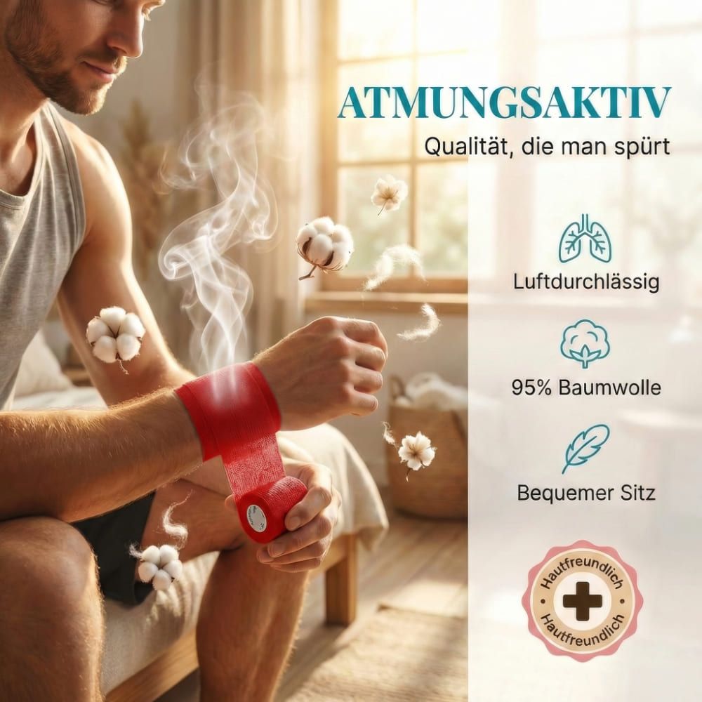 Mann mit roter Bandage am Handgelenk. Text: Atmungsaktiv, 95% Baumwolle, bequemer Sitz, hautfreundlich. Baumwollblüten.