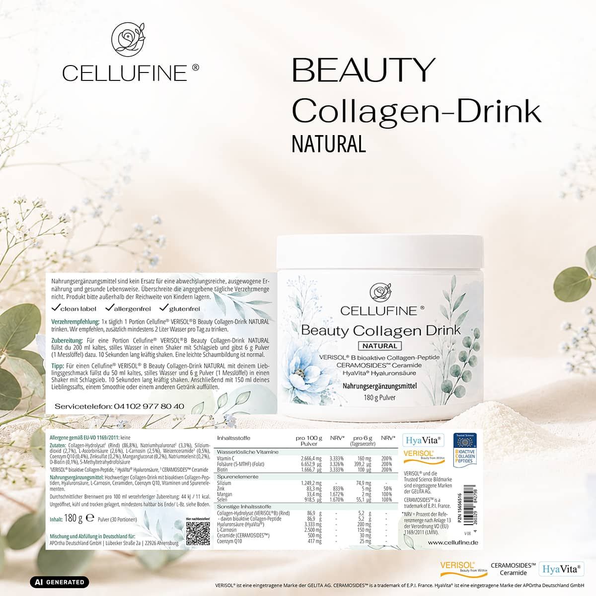 Dose Cellufine Beauty Collagen Drink mit floralem Design. Enthält 180g Pulver. Informationen zu Inhaltsstoffen und Nährwerten.