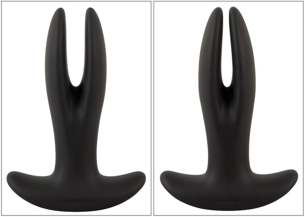 Zwei schwarze Analspreizer mit erweiterbaren Flügeln. Beide Produkte haben eine T-Form.