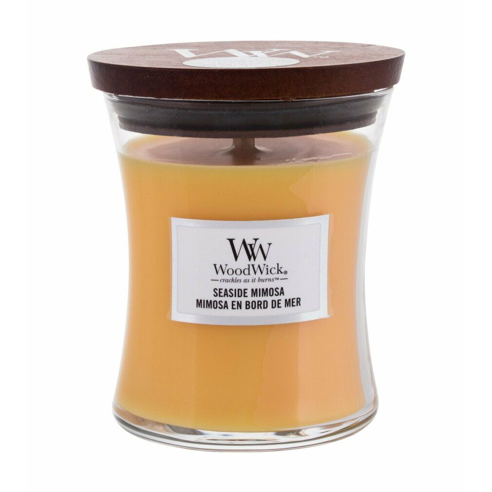Kerze in Sanduhrform mit Holzdeckel. Aufschrift: WoodWick Seaside Mimosa. Gelbes Wachs in Glasbehälter.