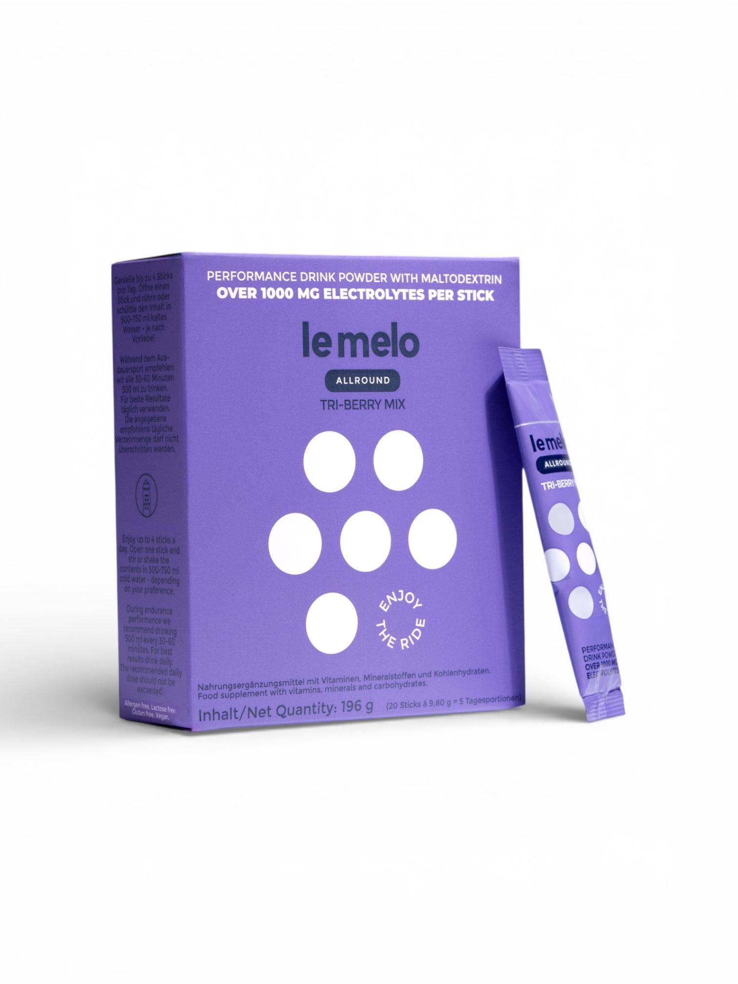 Lila Karton und Stick mit Produktnamen. Text: Performance Drink Powder, le melo, Tri-Berry Mix. 196 g.