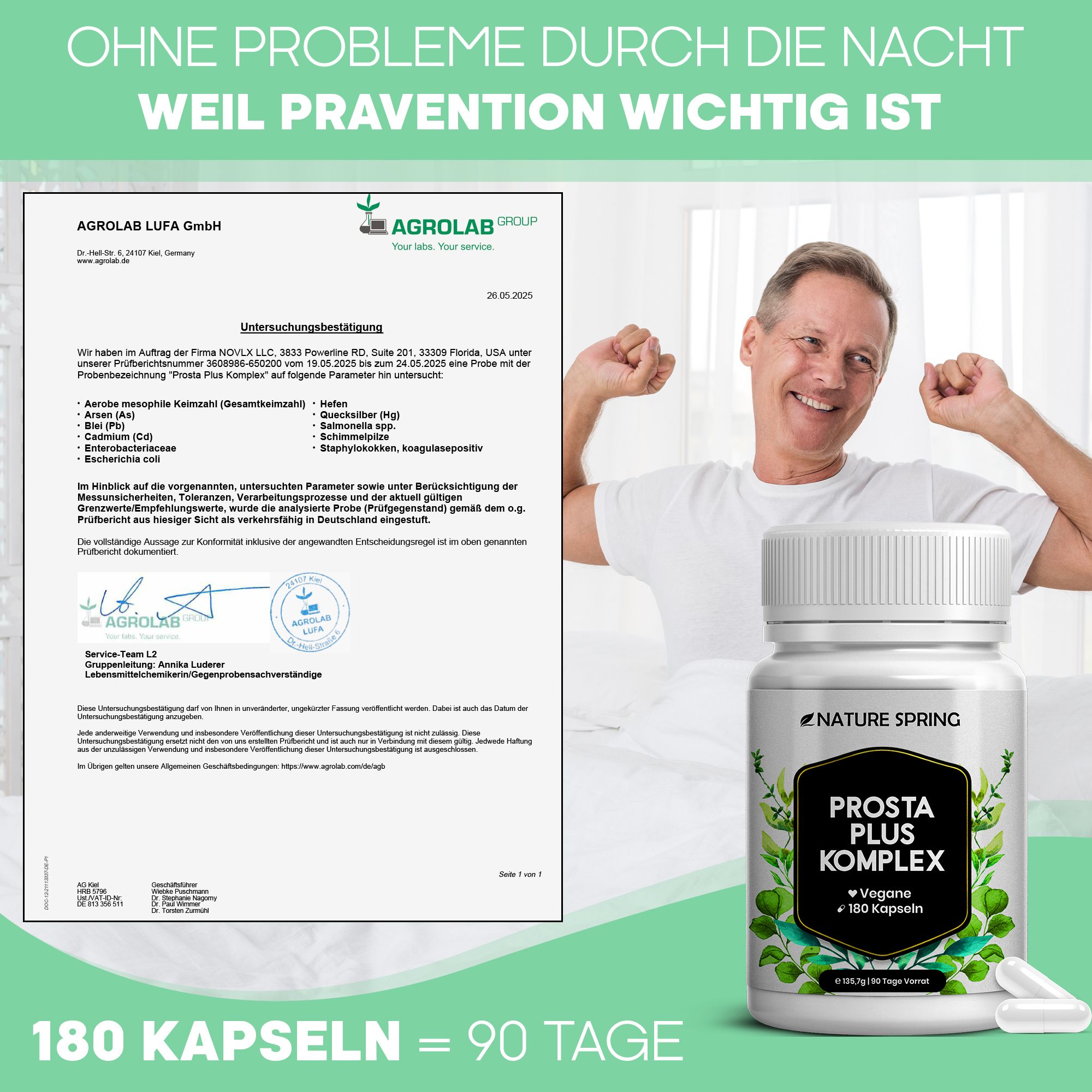 Mann im Bett, neben ihm ein Behälter Nature Spring Prosta Plus Komplex und ein Analysezertifikat.