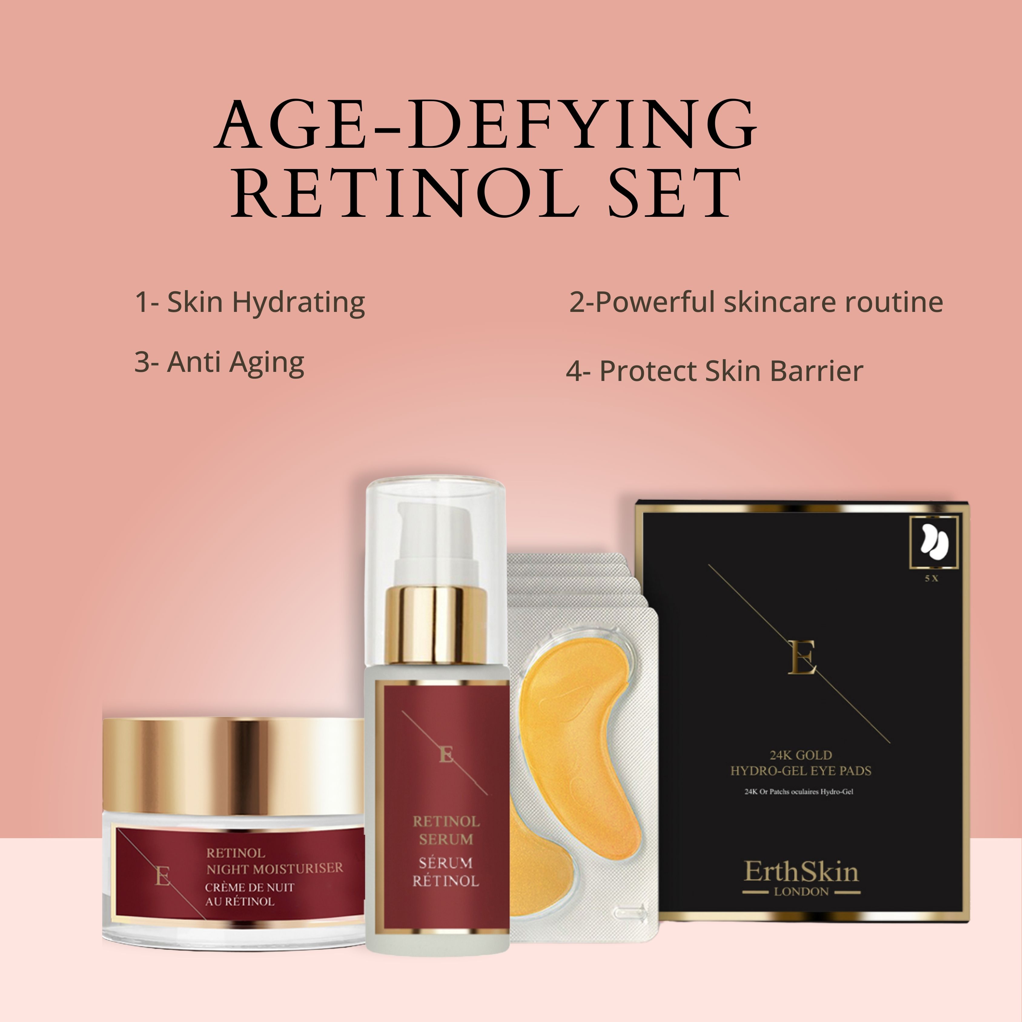 Set mit Augenpads, Nachtcreme und Serum. Text: Age-Defying Retinol Set. Goldfarbene Augenpads, Creme- und Serumflaschen. Schwarze Verpackung.