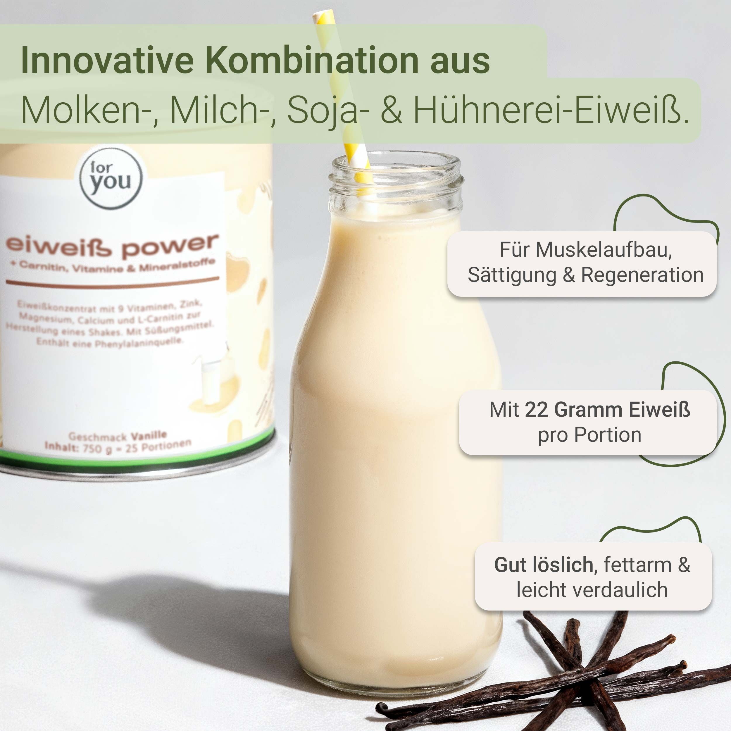 Mann trainiert im Fitnessstudio. Text: Deckt 1/3 Deines tägl. Proteinbedarfs, zur Verringerung von Müdigkeit & Ermüdung, mit Vitaminen.