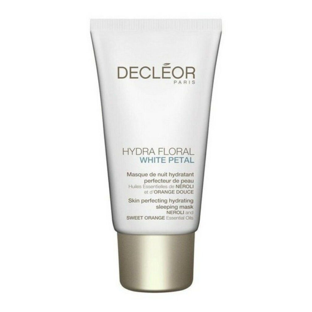 Weiße Tube mit goldfarbenem Deckel. Aufschrift: Decleor, Hydra Floral White Petal, Masque de nuit hydratant, Neroli, Orange Douce.