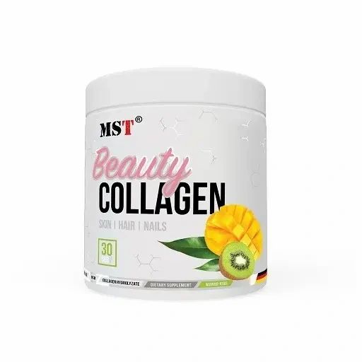 MST Beauty Collagen Pulver in weißem Behälter mit Mango- und Kiwi-Abbildung. Enthält 30 Portionen.