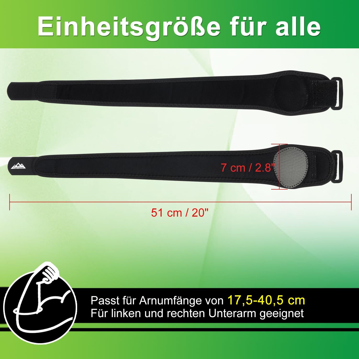 Schwarze Ellbogenbandage mit Kompressionspolster, Klettverschluss und atmungsaktivem Mesh-Material.
