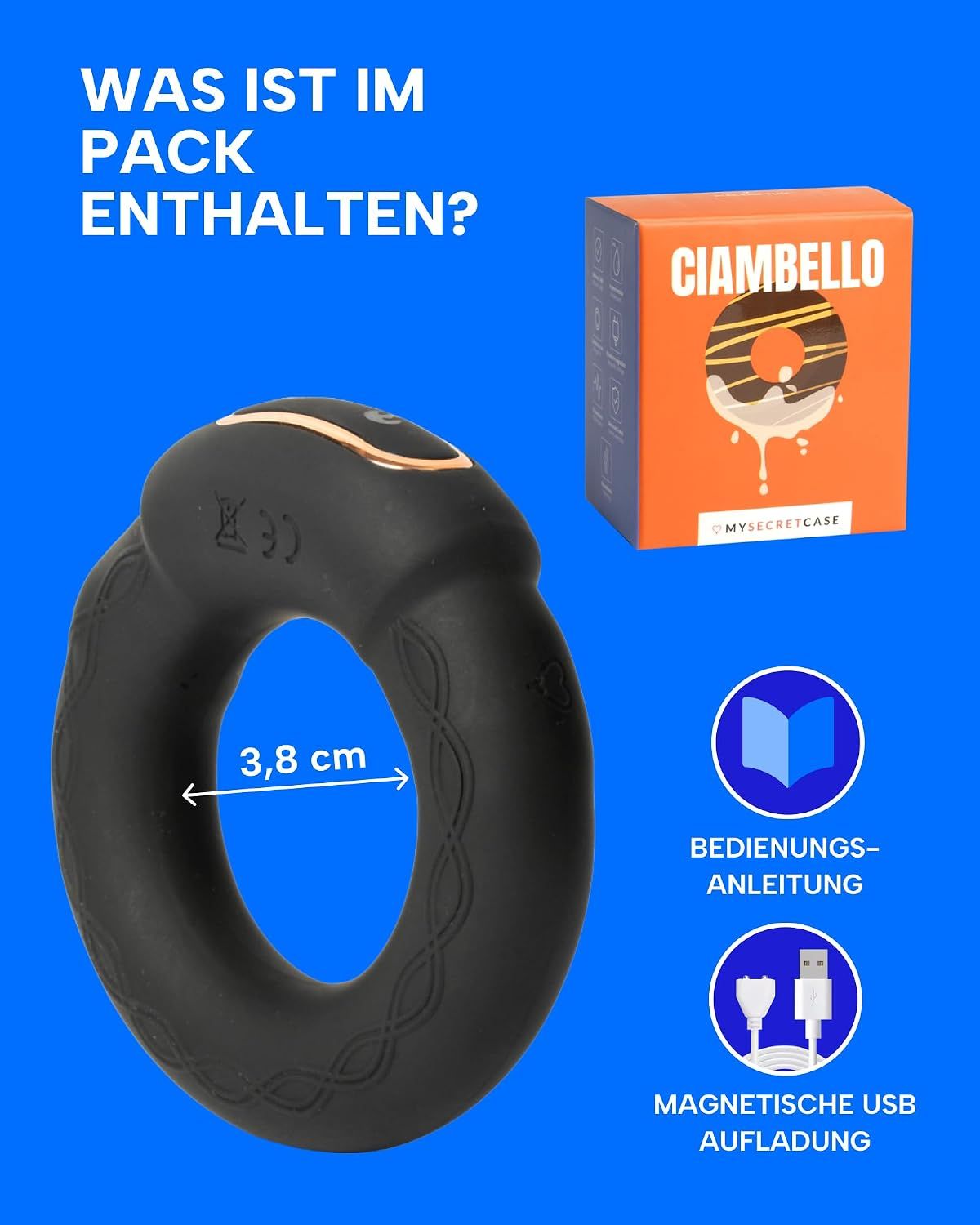 Schwarzer Vibrator mit Ladeanschluss und Verpackung.