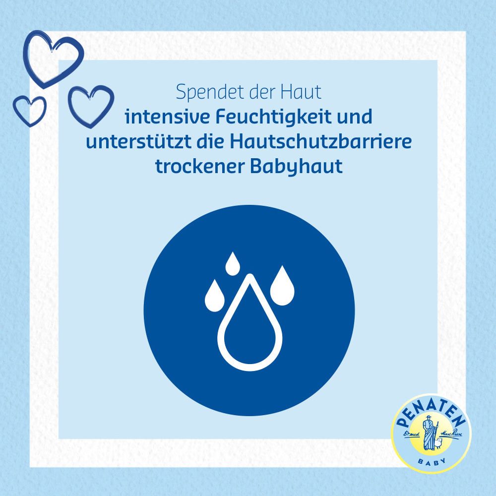 Blaue Flasche PENATEN BABY intensiv PFLEGEMILCH. Grüner Deckel. Text: Mit Olivenblattextrakt.