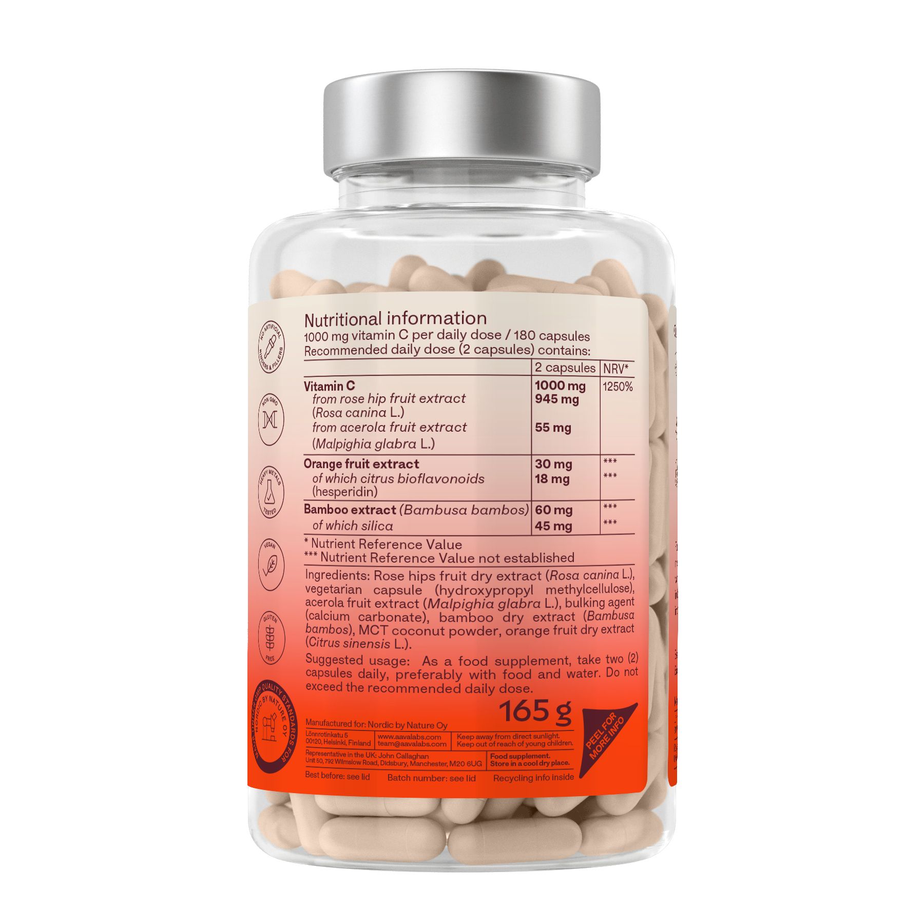 Rückseite der Flasche mit Nährwertangaben. Enthält 1000 mg Vitamin C pro Tagesdosis (2 Kapseln).