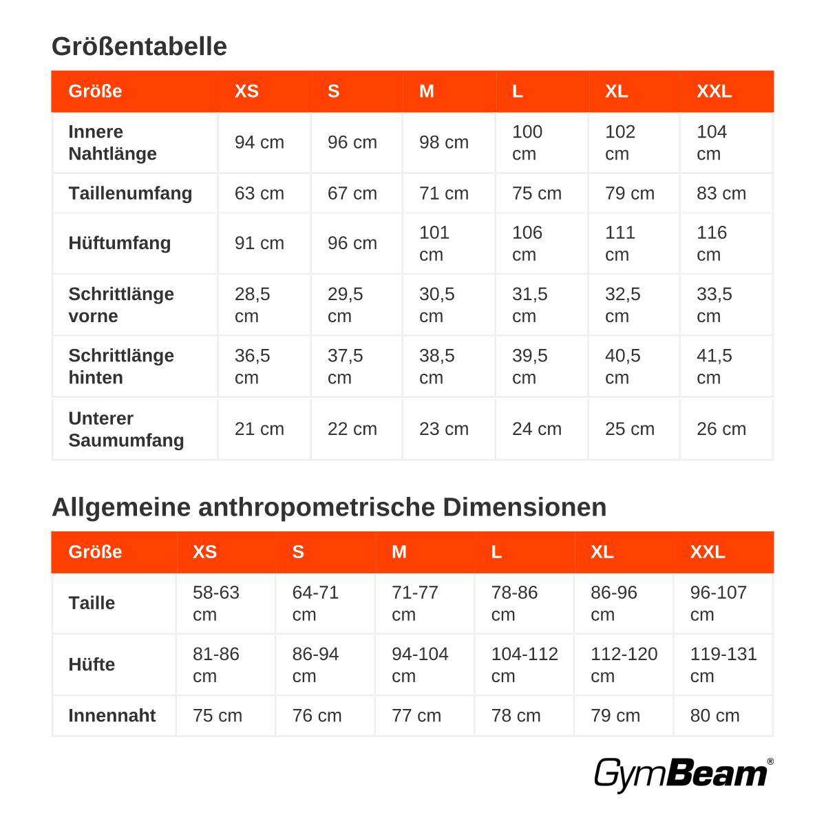 Größentabelle für Damen-Jogginghosen mit Maßen in cm.