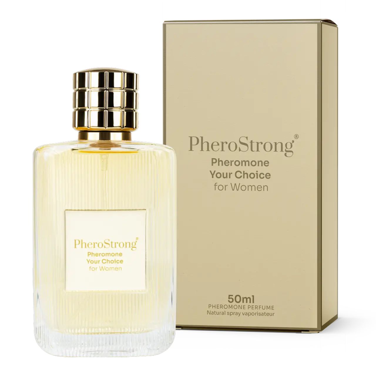 Parfümflasche und Verpackung. Auf der Flasche und Verpackung steht PheroStrong Pheromone Your Choice für Frauen.