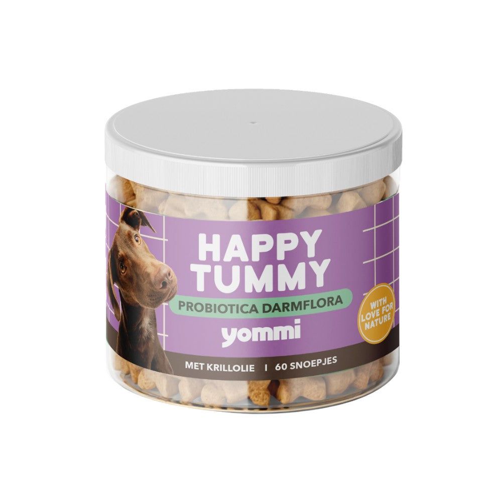 Hundefutter-Dose mit 'Happy Tummy' Aufschrift, Probiotika für Darmflora.