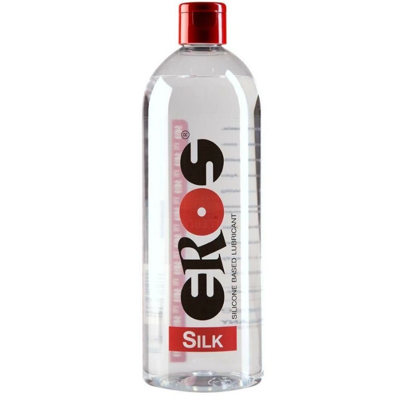 Transparente Flasche mit rotem Deckel. Aufdruck: EROS, SILK. Text: SILICONE BASED LUBRICANT.