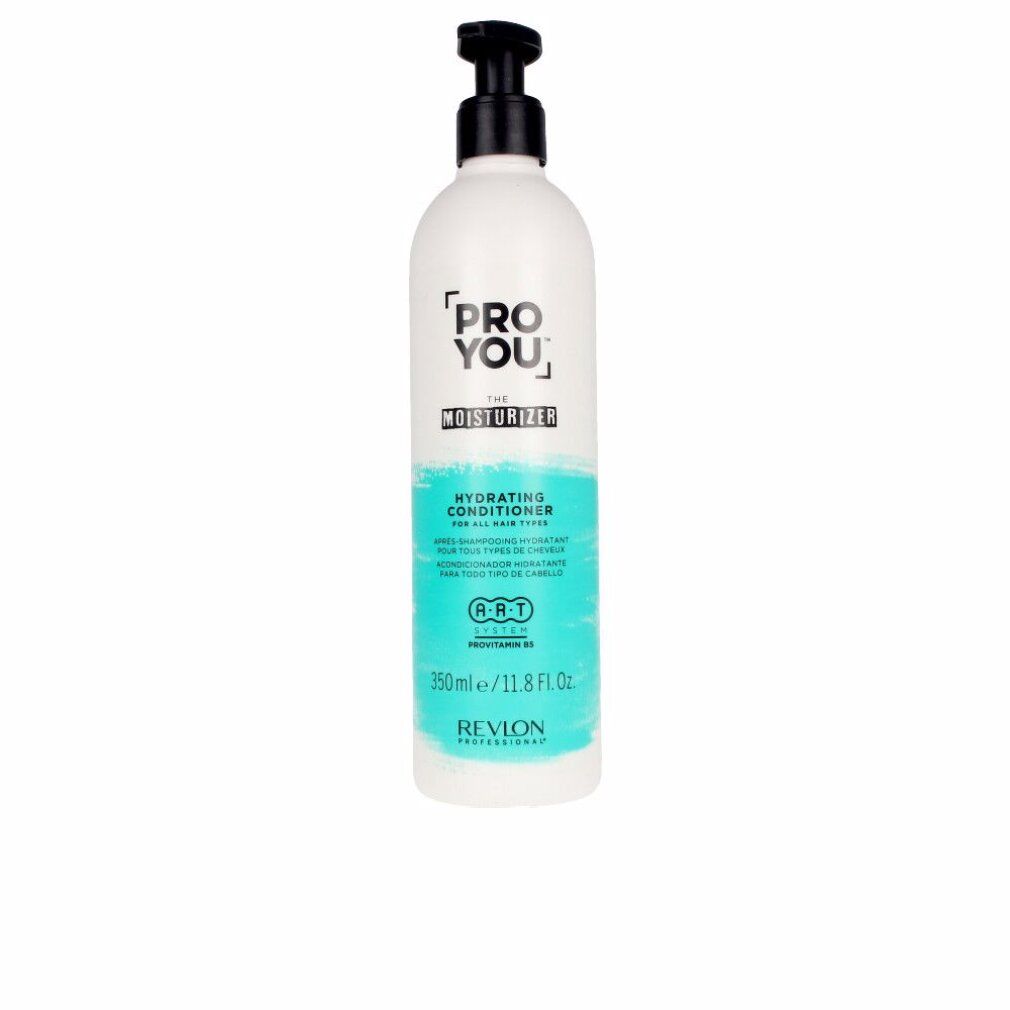 Weiße Flasche mit schwarzem Pumpkopf. Text: PRO YOU THE MOISTURIZER, Hydrating Conditioner. Türkisfarbener Streifen. 350ml/11.8 Fl. Oz. Revlon Professional.