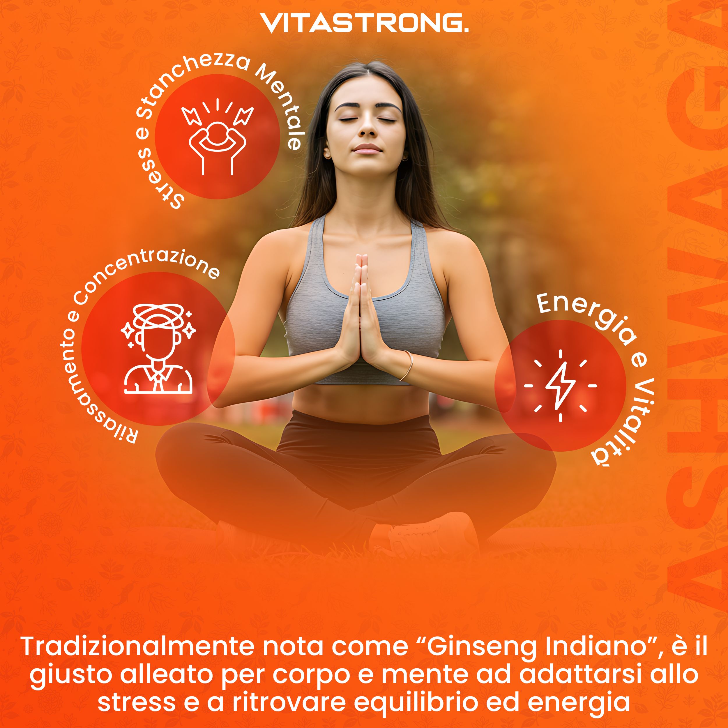 Frau in Yoga-Pose. Kreise mit Text: Stress, Konzentration, Energie. Vitastrong Ashwagandha KSM-66®-Dose. Text: Ginseng Indiano, Gleichgewicht.