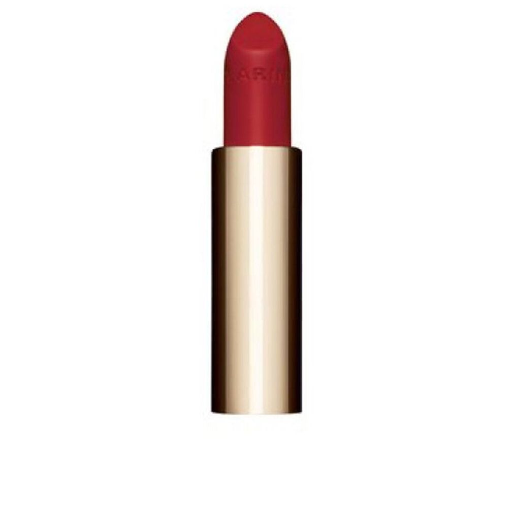 Roter Lippenstift in goldener Hülse. Sichtbar ist die Lippenstiftspitze. Auf dem Lippenstift ist ein Schriftzug zu sehen.