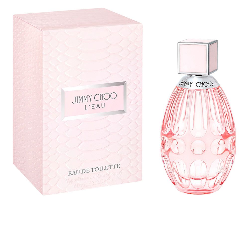 Rosa Schachtel und Flakon. Aufschrift "JIMMY CHOO L'EAU". Flakon tropfenförmig, rosa. Schachtel mit Schlangenmuster.