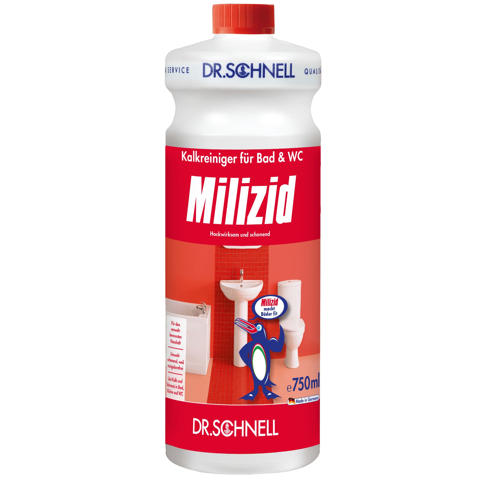Reiniger-Flasche mit rotem Etikett. Aufschrift: MILIZID, Kalkreiniger für Bad & WC. Marke: DR.SCHNELL. 750ml.