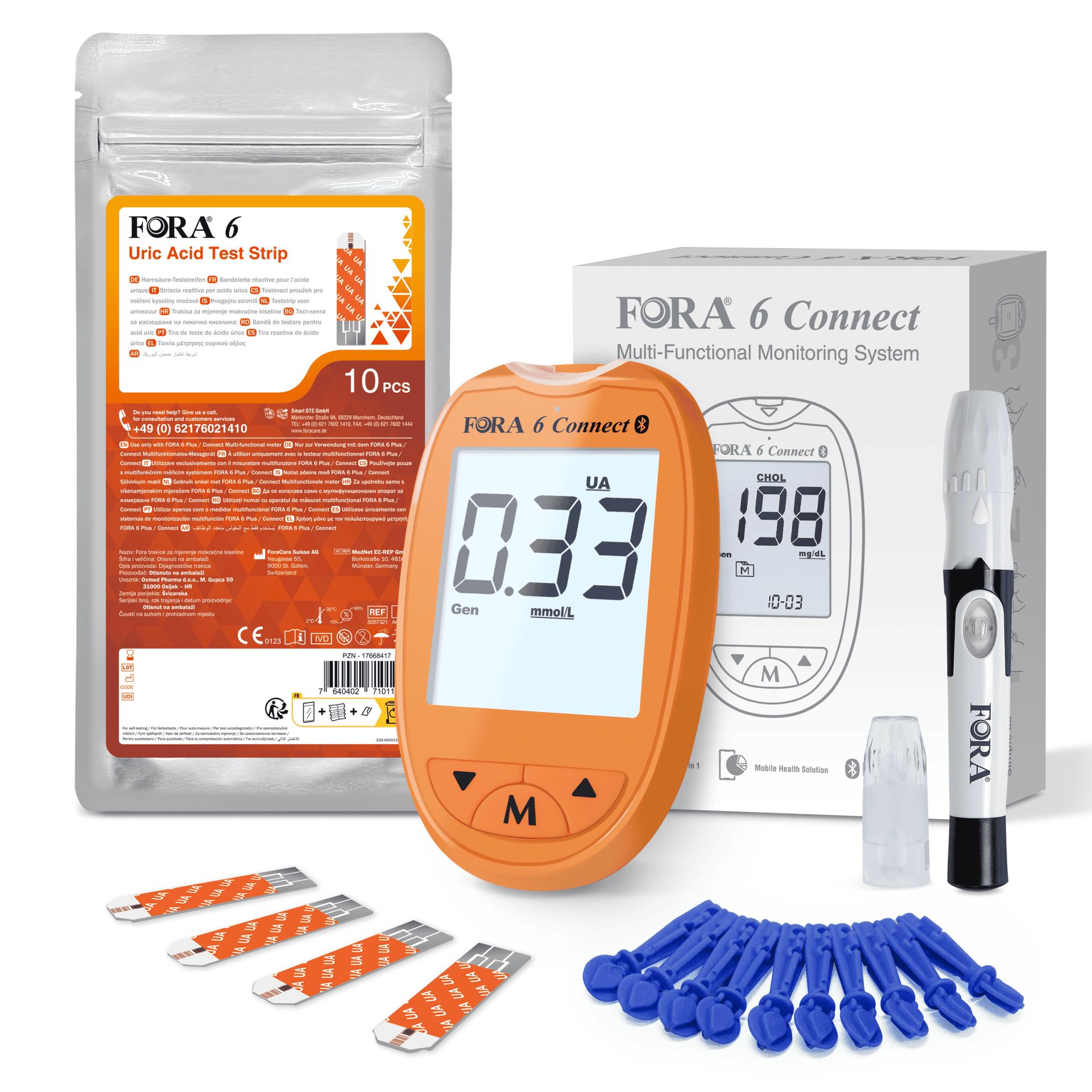 FORA 6 Connect Messgerät, Lanzetten und Teststreifen für Harnsäure. Orange Messgerät mit digitaler Anzeige. Inklusive Starter-Kit.