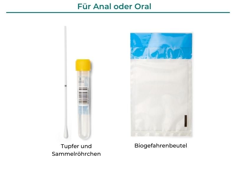 Tupfer, Probenröhrchen und Beutel für den Chlamydien- und Gonorrhoe-Test. Beschriftung: Für Anal oder Oral.