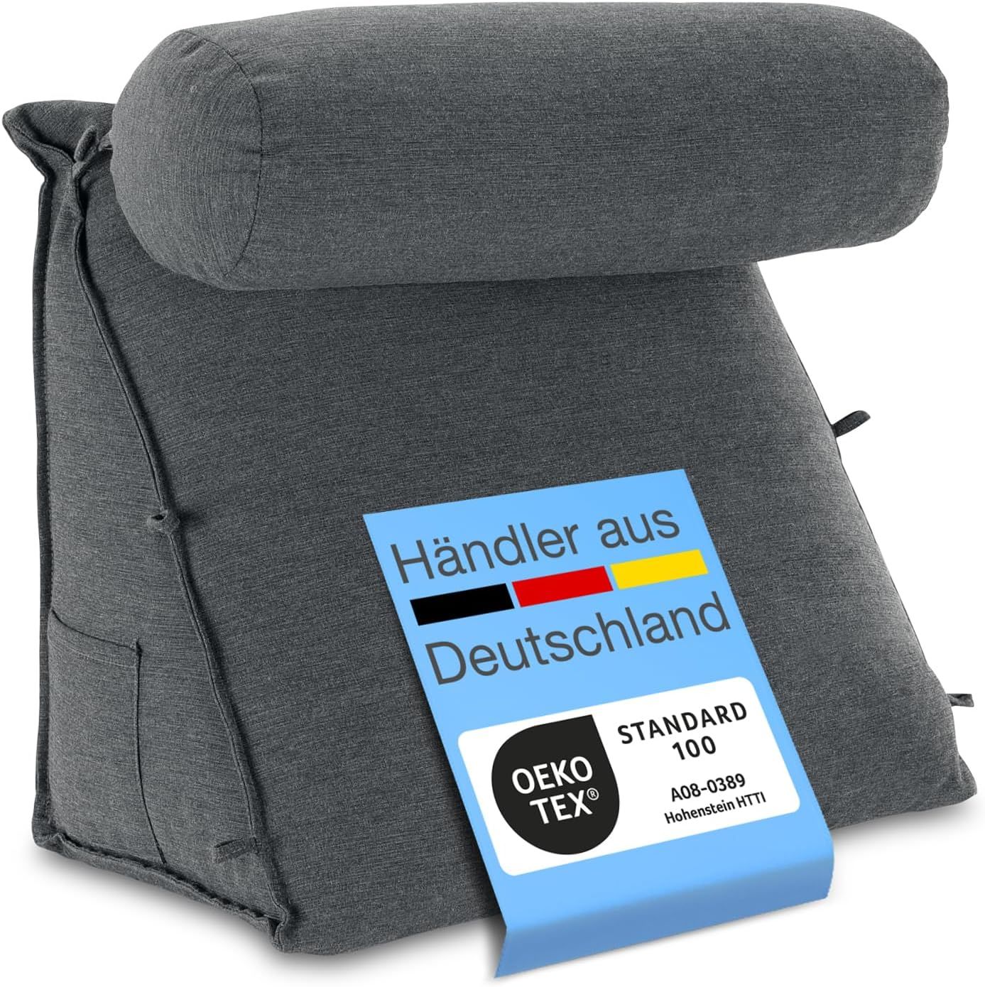 Graues Rückenkissen mit Nackenrolle. Label: Händler aus Deutschland. Oeko-Tex Standard 100.