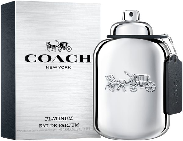 Coach Platinum Eau de Parfum Flakon und Verpackung. Silberfarbener Flakon mit Logo und Anhänger. Rechteckige Verpackung.