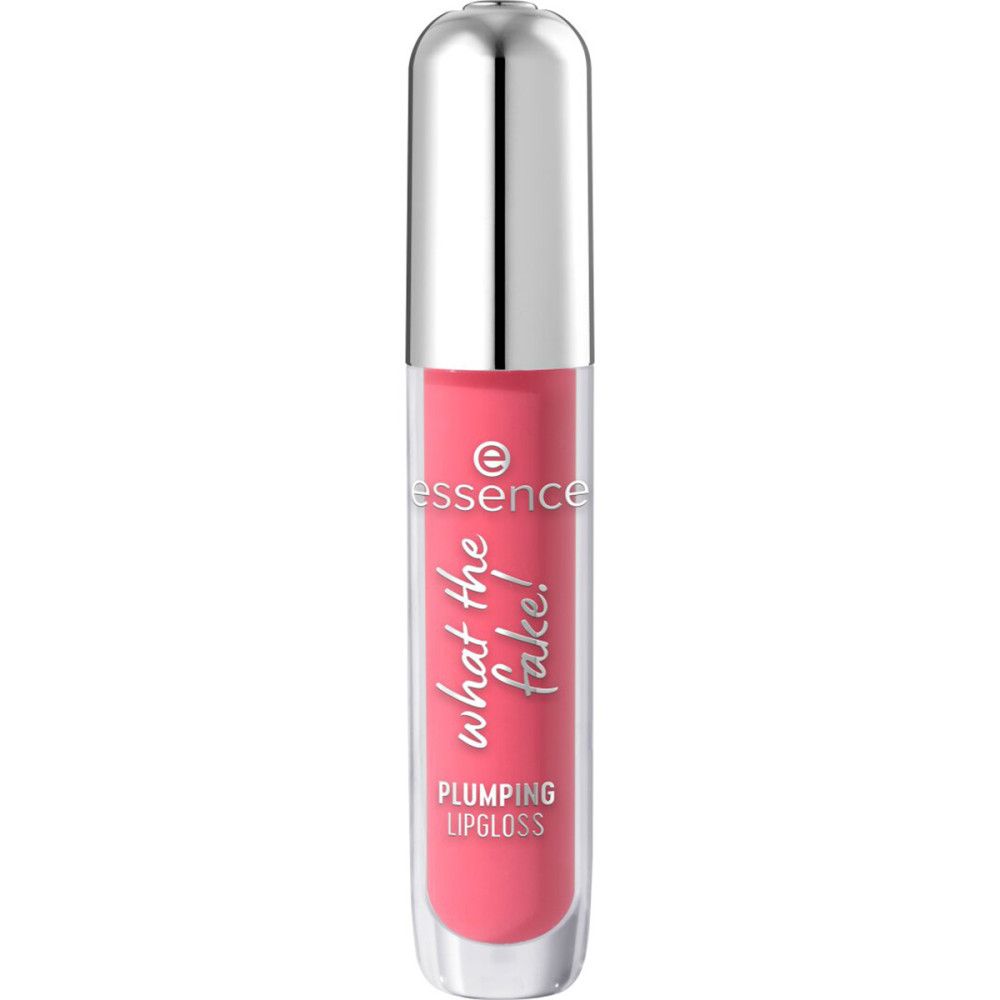 Lipgloss-Tube mit silberner Kappe. Rosa Inhalt. Schriftzug: Essence, What the Fake!, Plumping Lipgloss.