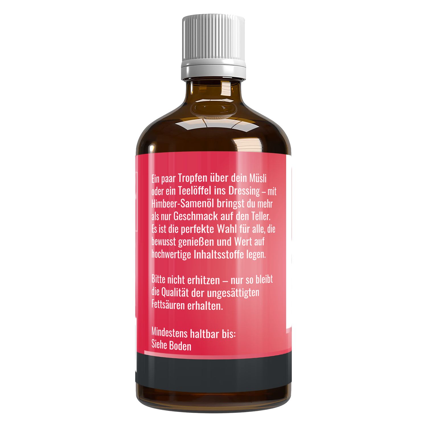 Braune Glasflasche mit weißem Deckel. Rotes Etikett mit Text. Rückseite mit Produktinformationen und Haltbarkeitsdatum.