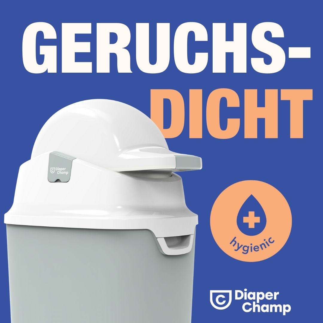 Windeleimer Diaper Champ One, grau-weiß. Text: "GERUCHSDICHT" und "hygienic". Logo und Text: "Diaper Champ".