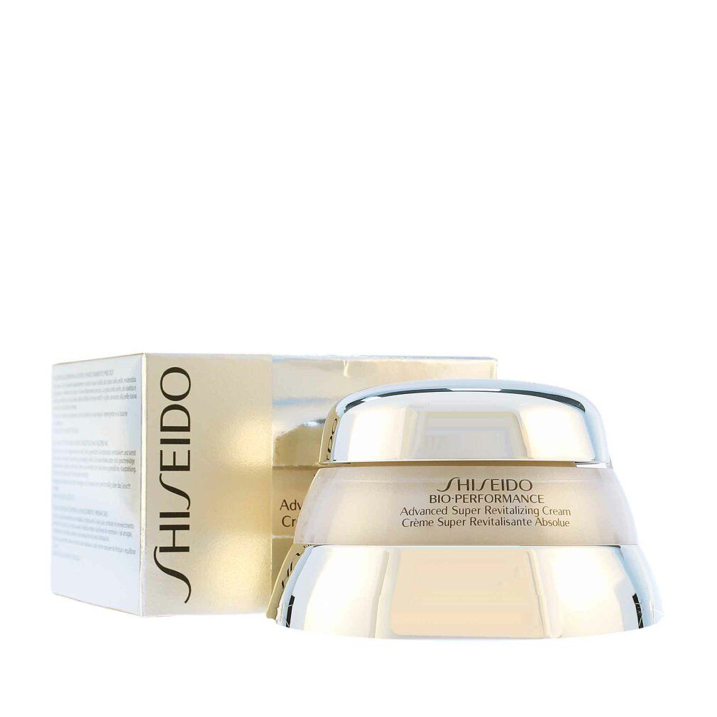 Creme-Glas mit Deckel und Schachtel. Aufschrift: Shiseido Bio-Performance Advanced Super Revitalizing Cream.