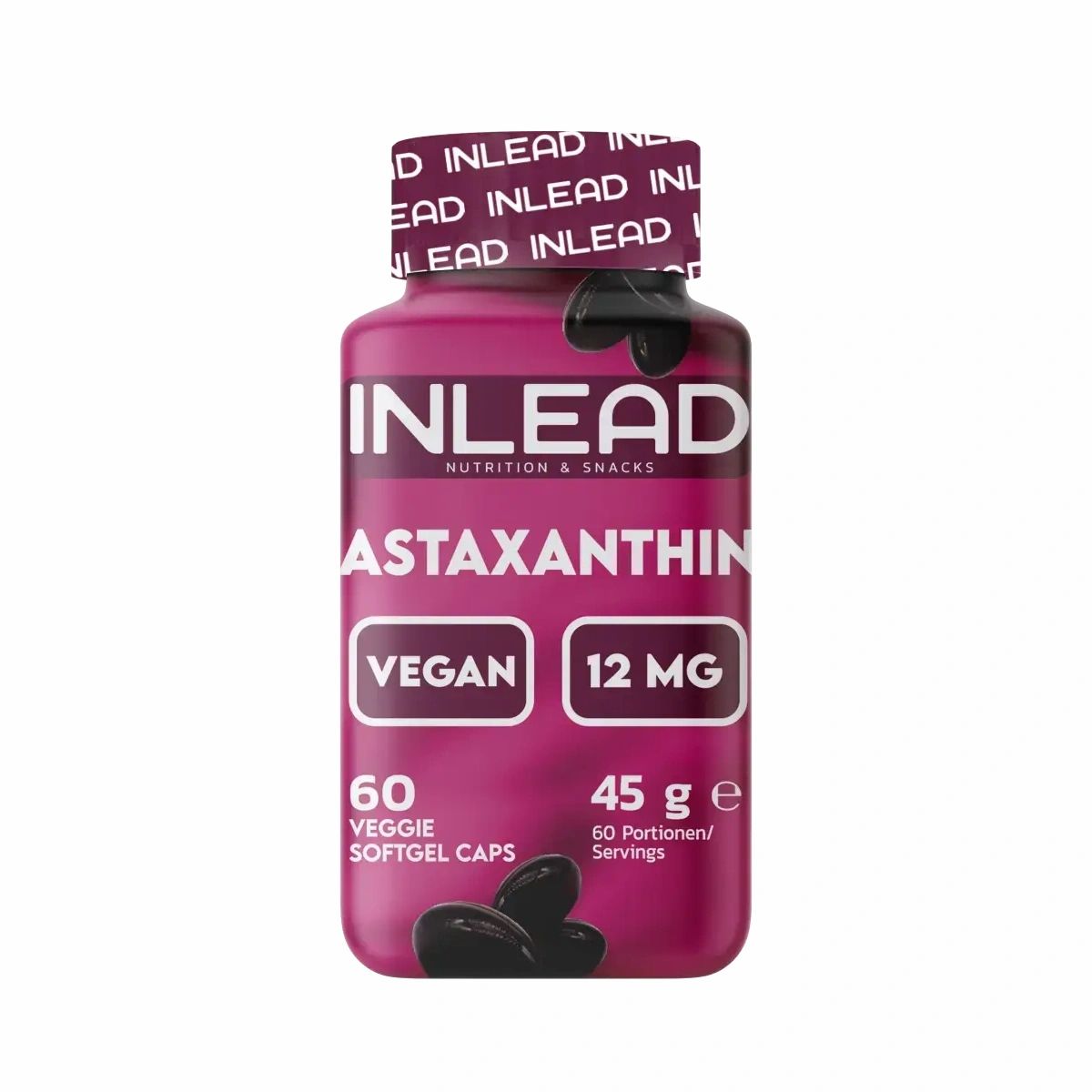 Flasche mit INLEAD Astaxanthin. Aufschrift: Vegan, 12 mg, 60 Kapseln, 45 g. Rote Kapseln liegen daneben.
