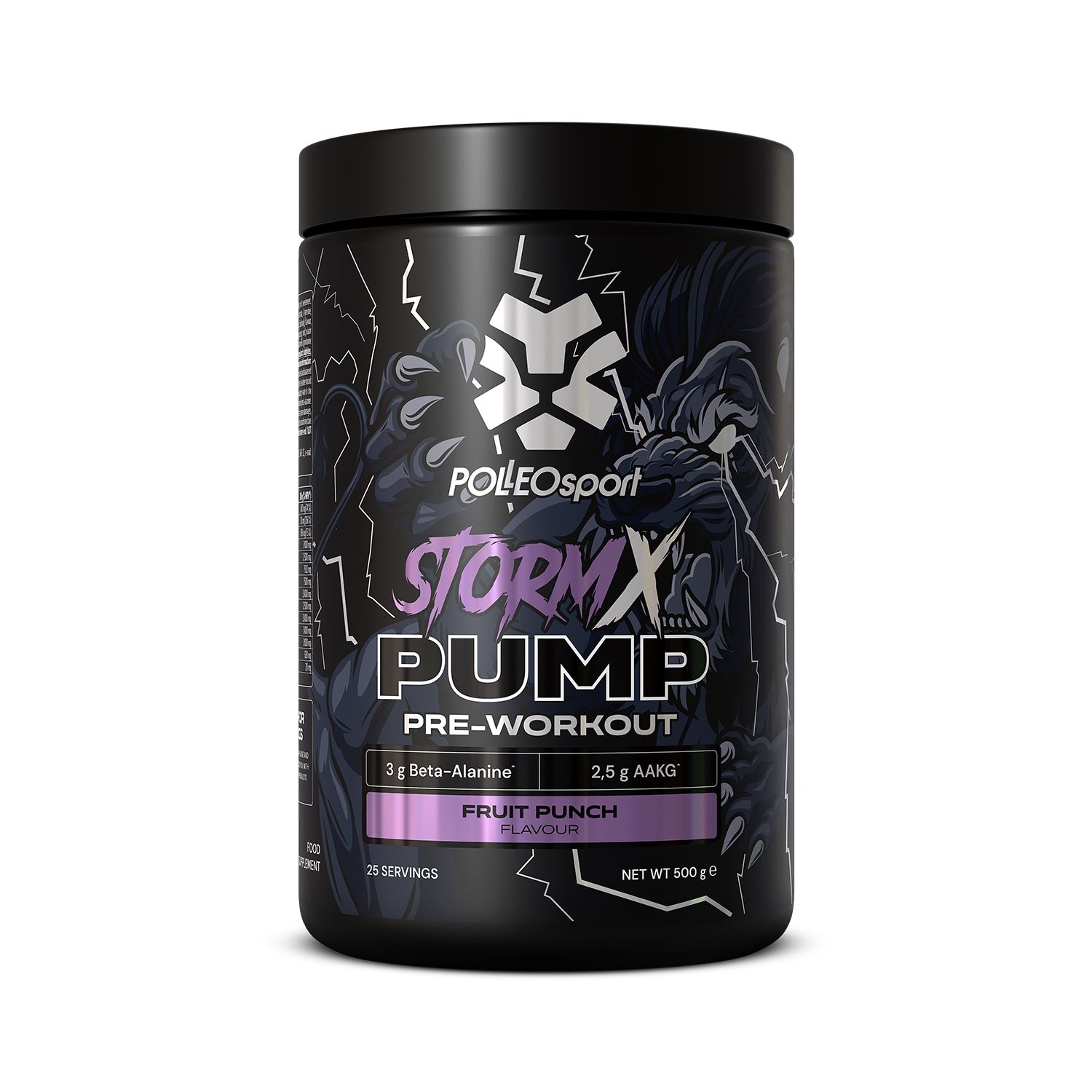 Schwarze Dose mit Aufschrift STORM X PUMP Pre-Workout. Enthält 3g Beta-Alanin und 2,5g AAXG. Geschmack: Fruit Punch.